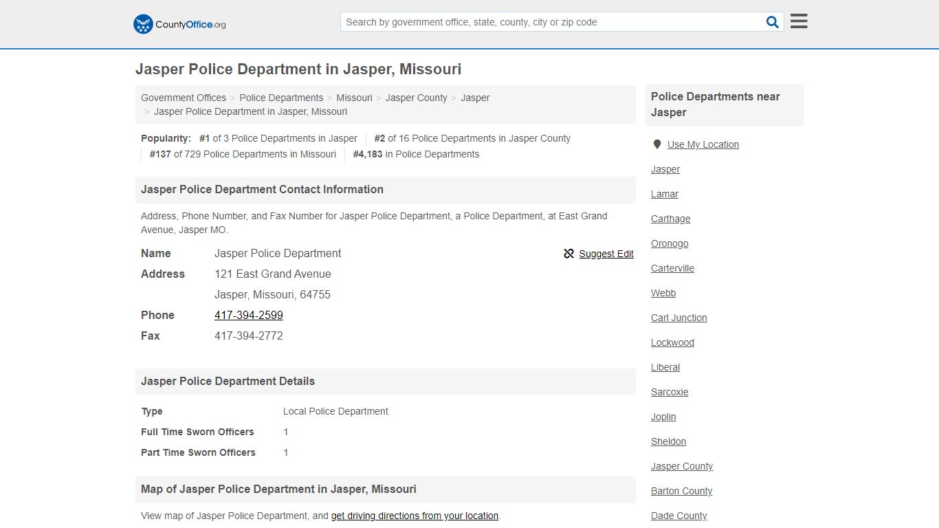 Jasper Police Department - Jasper, MO (Address, Phone, and Fax)