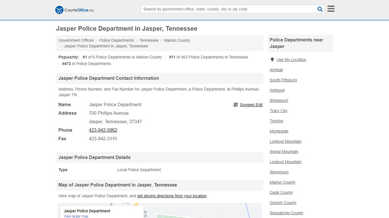 Jasper Police Department - Jasper, TN (Address, Phone, and Fax)